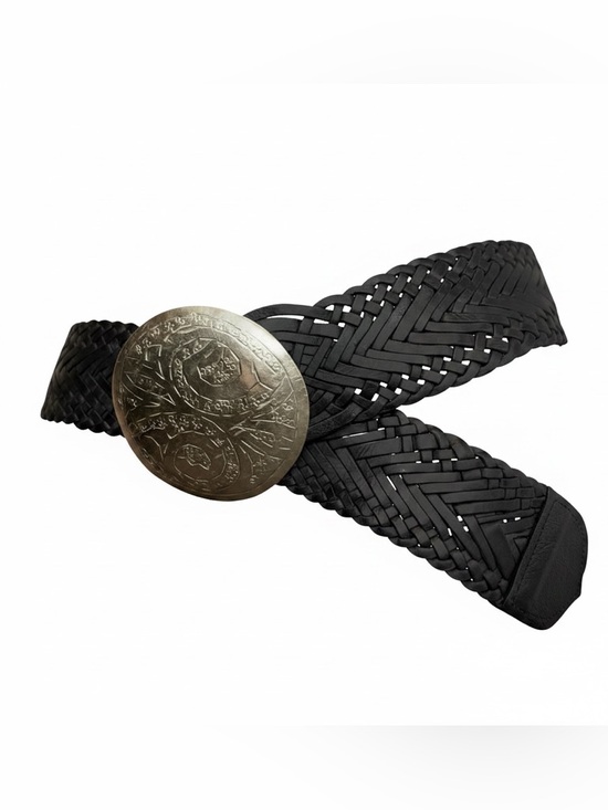 & Other Stories Accessories - Vintage Wide Black Woven Leather Belt Gold Medallion Buckle Boho Western  M/L